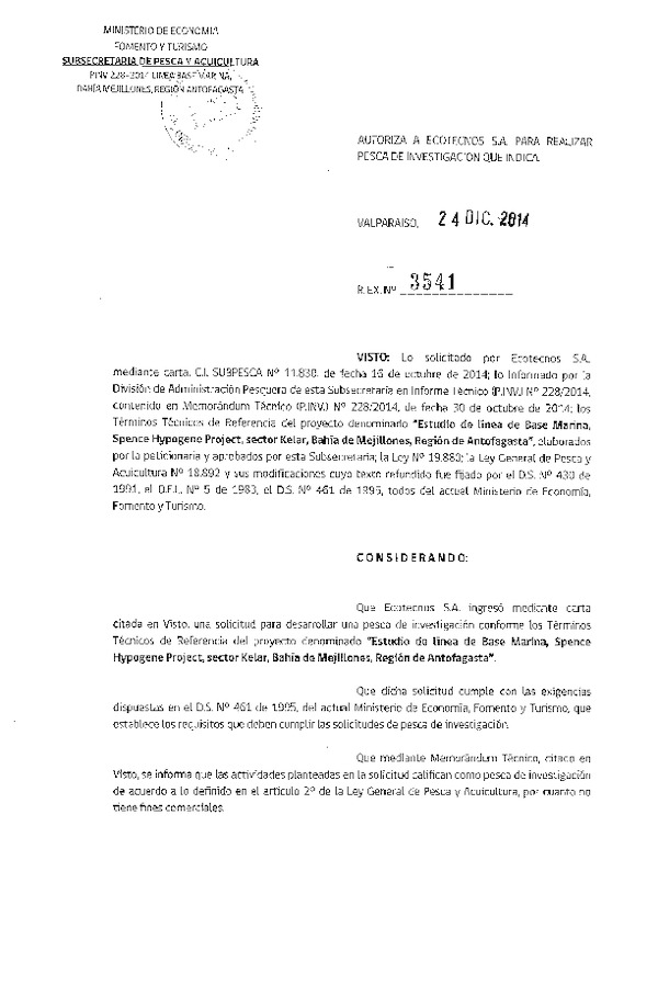 R EX N° 3541-2014 Estudio de línea base marina Spence Hypogene Project, Región de Antofagasta.