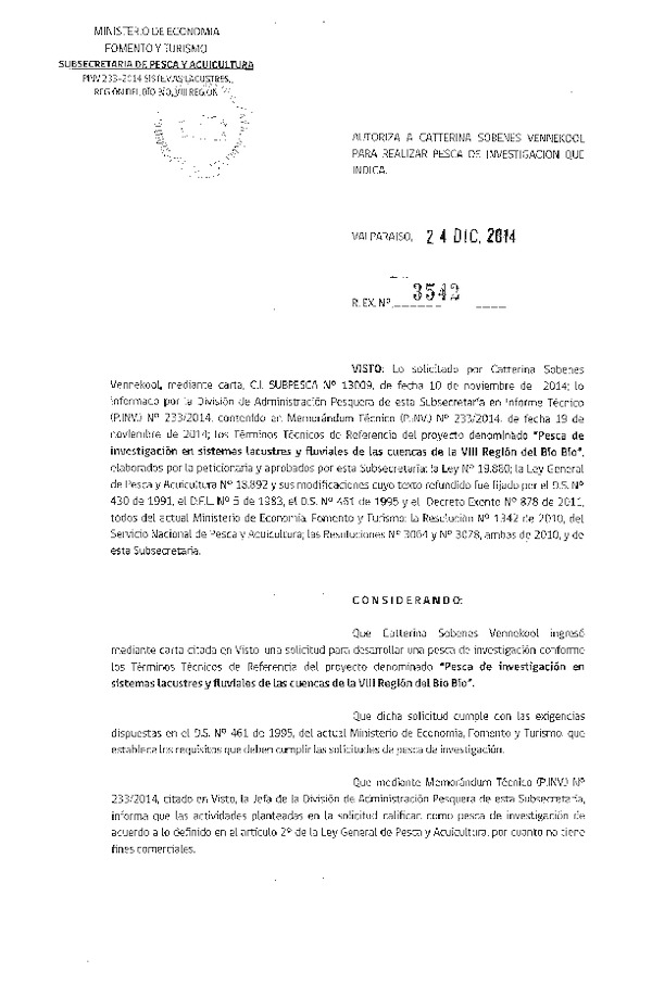 R EX N° 3542-2014 Pesca de Investigación sistemas lacustres y fluviales de las cuencas de la VIII Región.