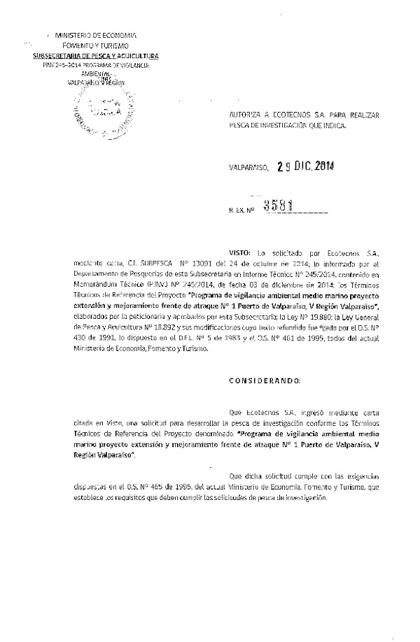 R EX N° 3581-2014 Programa de vigilancia ambiental medio marino proyecto extensión y mejoramiento, Puerto de Valparaíso, V Región.