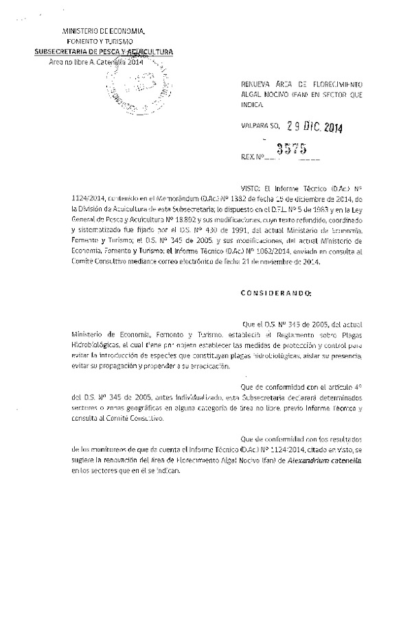R EX N° 3575-2014 Renueva Área de Florecimiento Algal Nocivo (FAN) en Sector que Indica. (Publicada en Diario Oficial 06-01-2015)