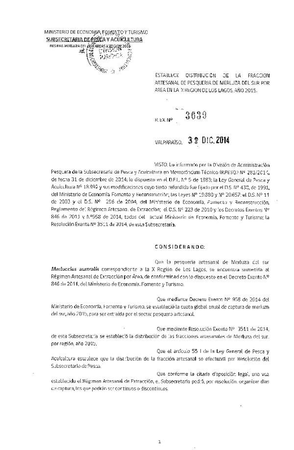 R EX N° 3639-2014 Distribución de la Fracción Artesanal de Pesquería de Merluza del sur por Área X Región, Año 2015.