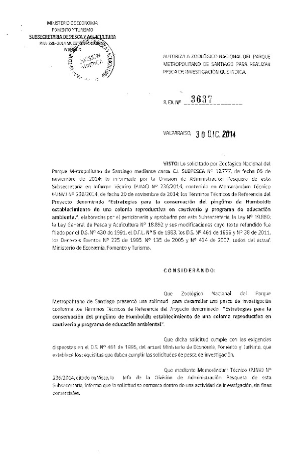 R EX N° 3637-2014 Estrategías para la conservación del pingûino de Humboldt.