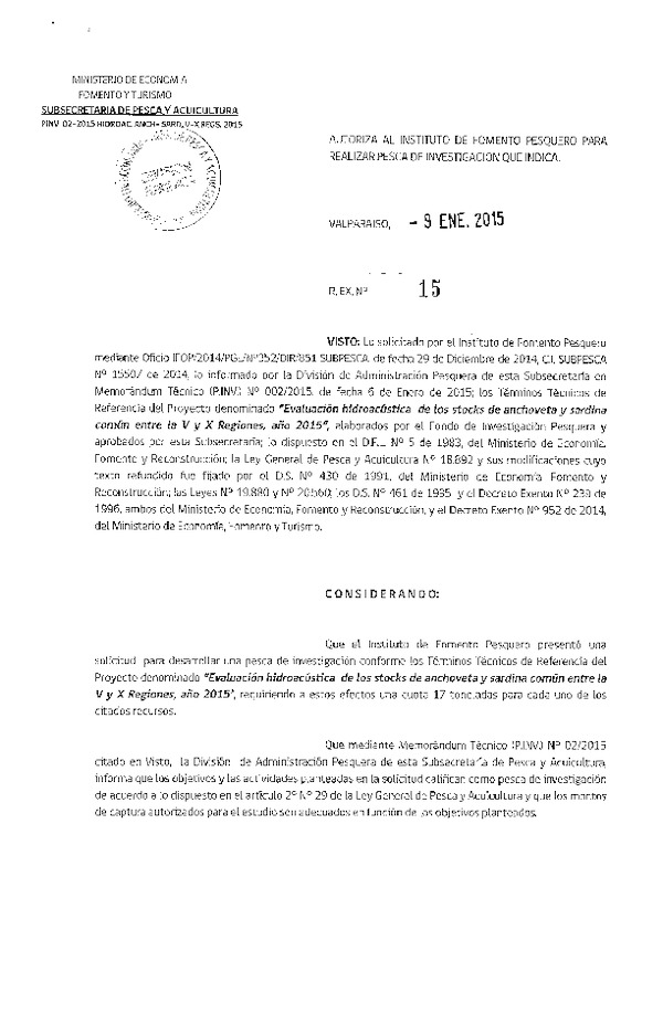 R EX N° 15-2015 Evaluación Hidroacústica del Stock de Anchoveta y sardina común V-X Regiones, año 2015.