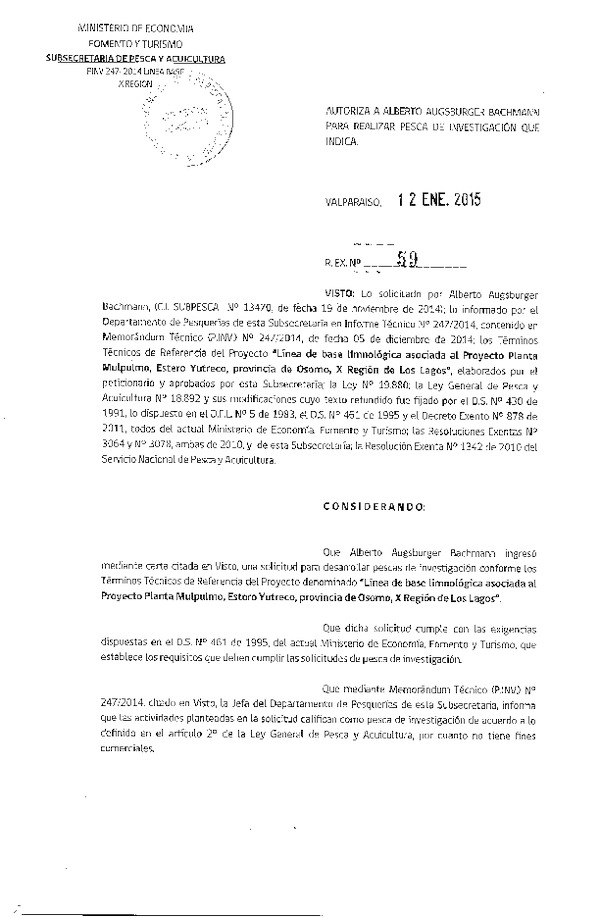 R EX N° 59-2015 Línea de base limnológica asociada al Proyecto Planta Mulpulmo, Estero Yutreco, Osorno, X Región.