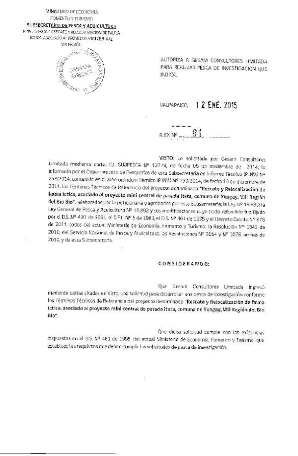 R EX N° 61-2015 Rescate y Relocalización de fauna íctica asociado al proyecto mini central de pasada Itata, VIII Región.