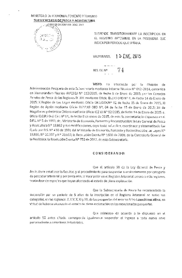 R EX N° 74-2015 Suspensión Transitoriamente la Inscripción en el Registro Artesanal recurso Erizo XIV-XII Regiones. (Publicada en Diario Oficial (19-01-2015)