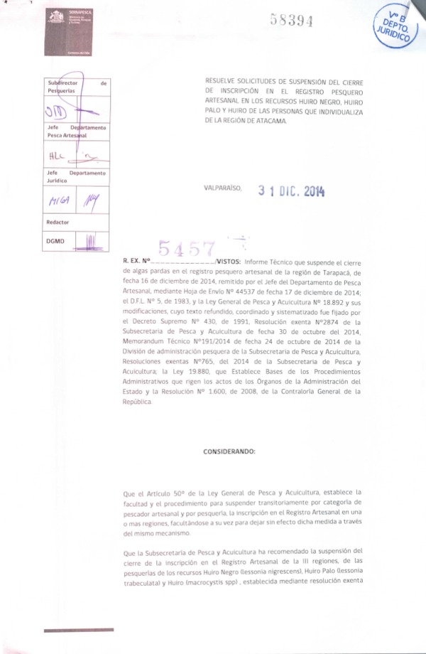 R EX N° 5457-2014 (Sernapesca)Resuelve solicitudes de suspensión del cierre de inscripción en el Registro Pesquero Artesanal, en los recursos huiro negro, huro palo y huiro de las personas que individualiza de la región de Atacama.