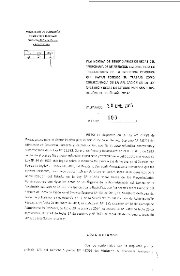 R EX N° 100-2015 Fija Nómina de Beneficiarios de Becas del "Programa de Reinserción Laboral para Ex Trabajadores de la Industria Pesquera. y Becas de Estudios para sus Hijos, VIII Región.