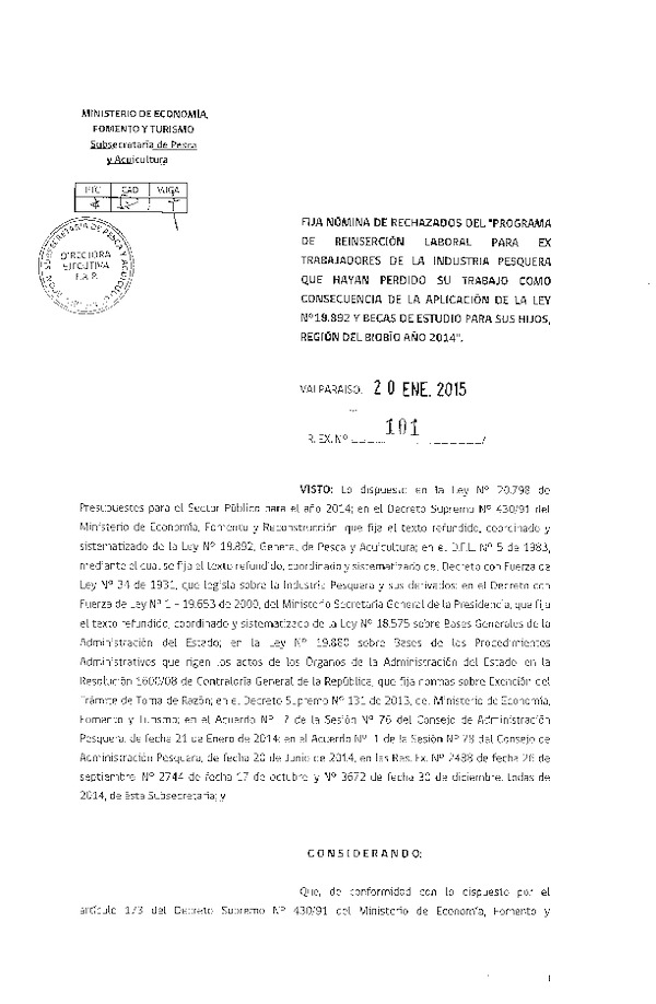 R EX N° 101-2015 Fija Nómina de Rechazados del "Programa de Reinserción Laboral para Ex Trabajadores de la Industria Pesquera. VIII Región.