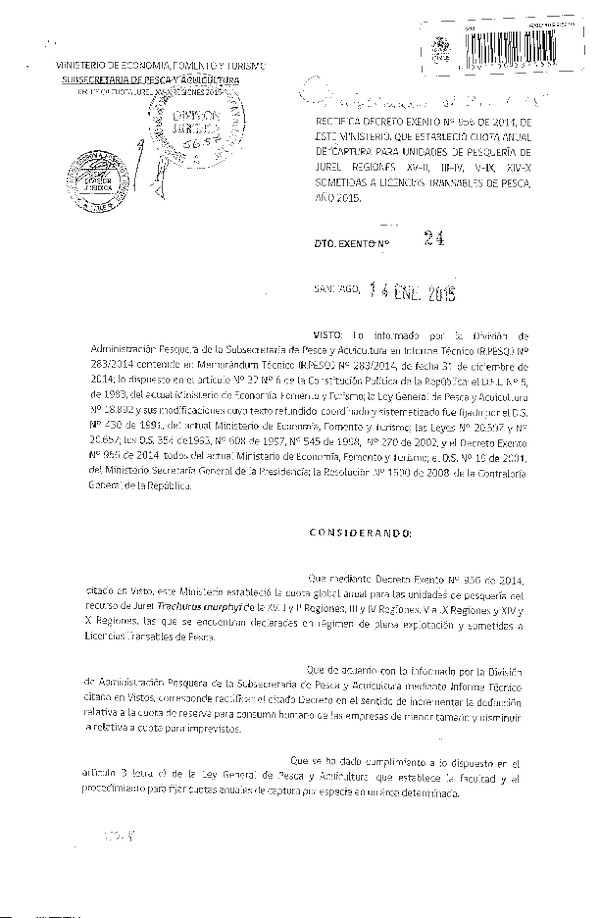 D EX N° 24-2015 Rectifica D EX N° 956-2014 Establece Cuota Anual de Captura recurso Jurel XV-II, III-IV, V-IX y XIV-X, Sometidas a Licencias Transables de Pesca 2015. (Publicado en Diario Oficial 21-01-2015)