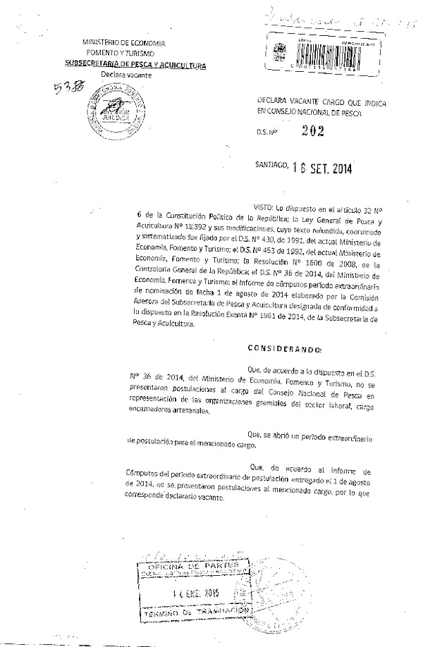 D.S. N° 202-2014 Declara Vacante Cargo en Consejo Nacional de Pesca. (Publicado en Diario Oficial 21-01-2015)