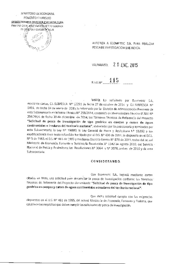 R EX N° 115-2015 Solicitud de pesca de investigación de tipo genérica en cuerpos y cursos de aguas continentales e insulares del territorio nacional.