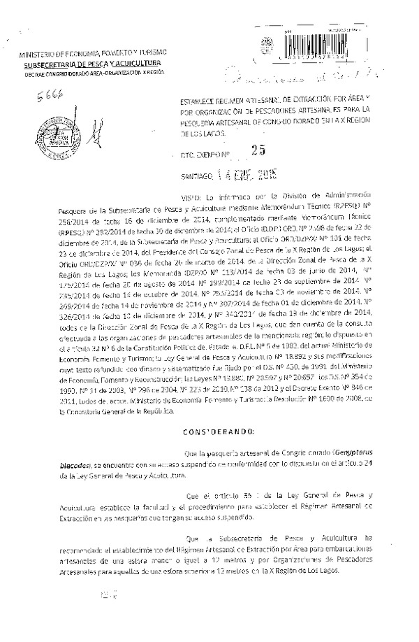 D EX N° 25-2015 Establece Régimen Artesanal de Extracción por Área y por Organización de Pescadores Artesanales, Congrio Dorado en la X Región. (Publicado en Diario Oficial 21-01-2015)