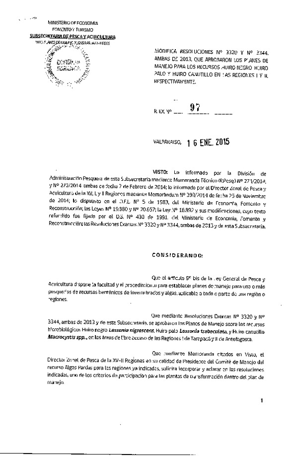 R EX Nº 97-2015 Modifica R EX Nº 3320, Nº 3344 ambas de 2013, Planes de Manejo Algas Pardas. (Oublicada en Diario Oficial 23-01-2015)