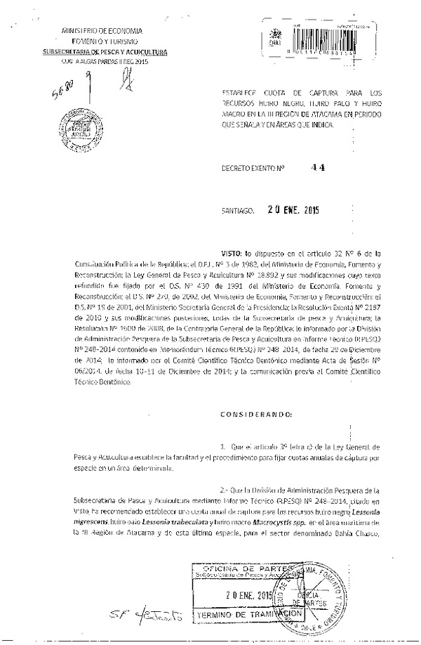 D EX N° 44-2015 Establece Cuota de Captura recursos Huiro negro, huiro palo y huiro macro, en la III Región de Atacama. (Publicado en Diario Oficial 29-01-2015)