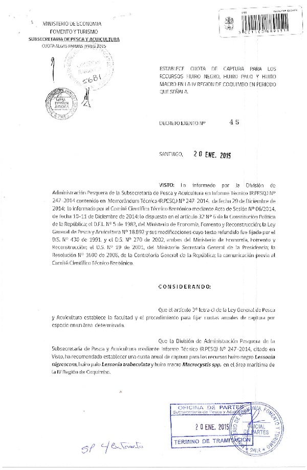 D EX N° 45-2015 Establece Cuota de Captura recursos Huiro negro, huiro palo y huiro macro, en la IV Región de Coquimbo. (Publicado en Diario Oficial 29-01-2015)