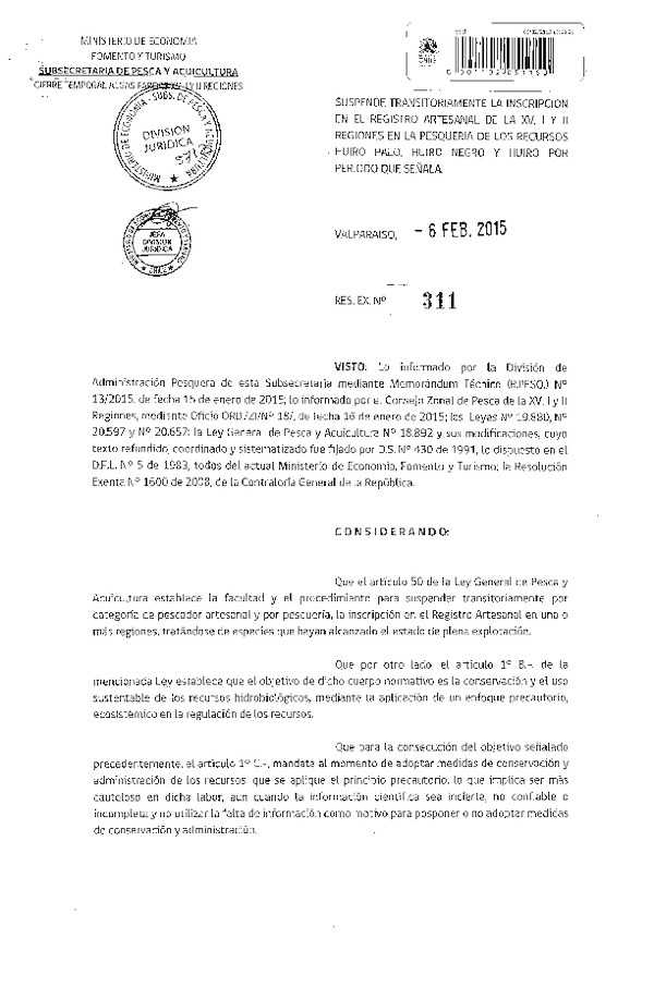 R EX N° 311-2015 Suspende transitoriamente la inscripción en el registro artesanal de la XV, I y II regiones en la pesquera de los recursos Huiro Palo, Huiro Negro y Huiro por periodo que señala. (Publicado en Diario Oficial 12-02-2015)