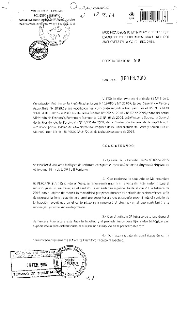 D EX N° 99-2015 Modifica D. EX. N° 2 de 2015 que establece veda biológica para el recurso Anchoveta en la XV, I y II regiones