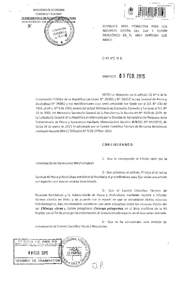 D EX N° 101-2015 Establece veda extractiva para los recursos ostión del sur y ostión patagónico en el área marítima que indica (Publicado en Diario Oficial 17-02-2015)