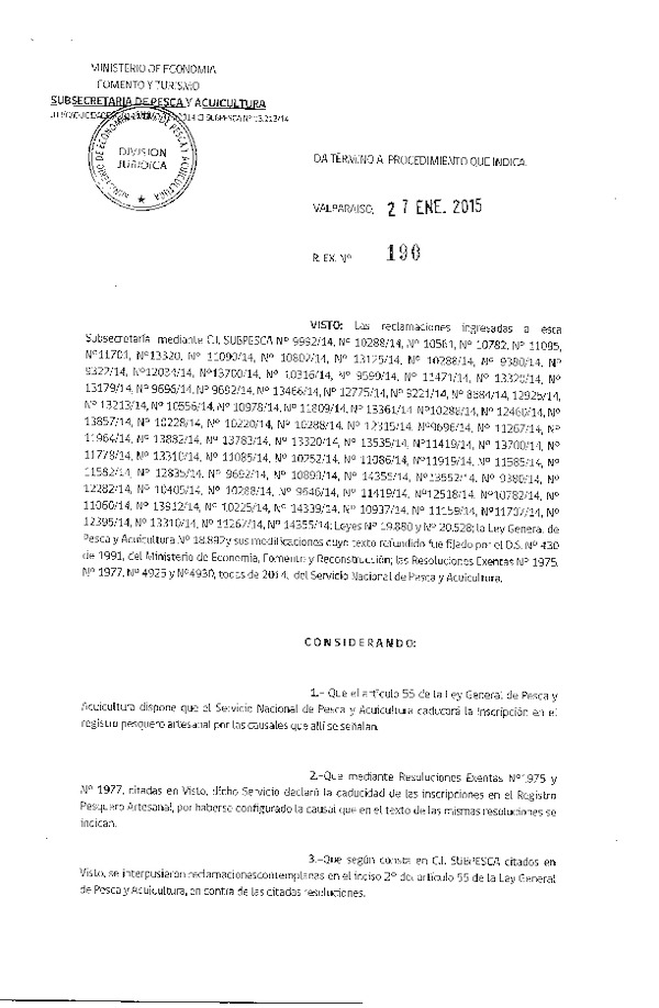 R EX N° 190-2015 Da término a procedimiento que indica (Publicado en Diario Oficial 05-02-2015)