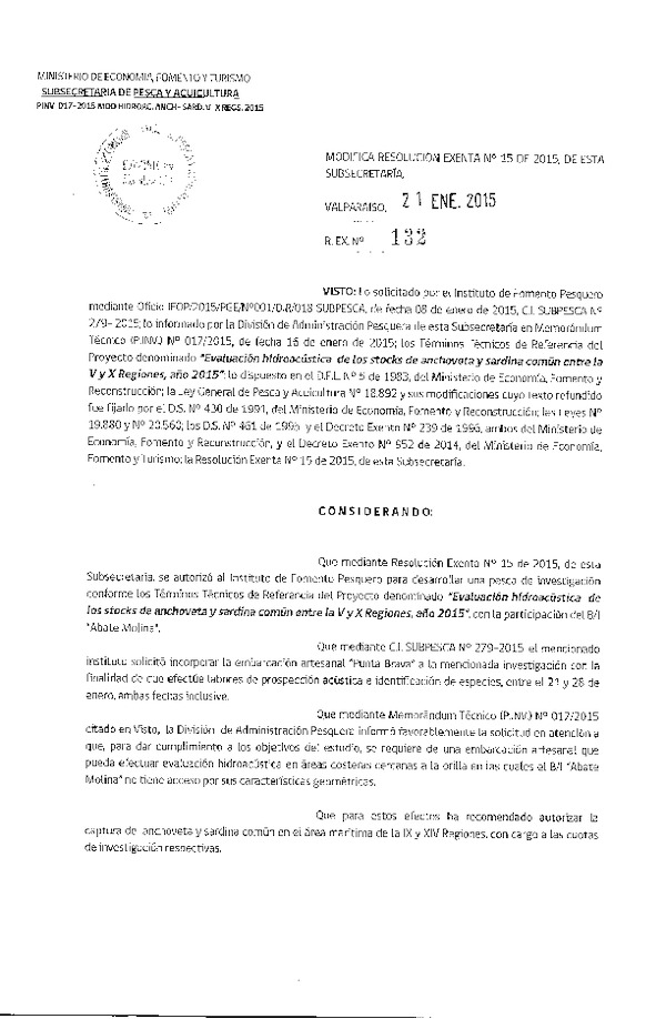 R EX N° 132-2015 Modifica R EX N° 15-2015 Evaluación Hidroacústica del Stock de Anchoveta y sardina común V-X Regiones, año 2015.