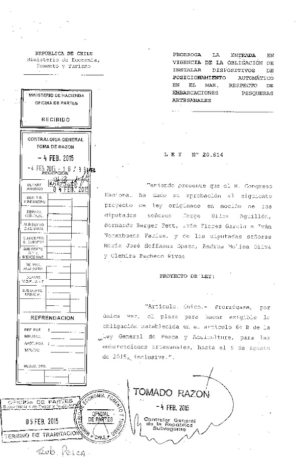 LEY 20.814 Prorroga la Entrada en Vigencia de la Obligación de Instalar Dispositivos de Posicionamiento Automático en el Mar, Respecto de Embarcaciones Pesqueras Artesanales. (Publicada en Diario Oficial 07-02-2015)
