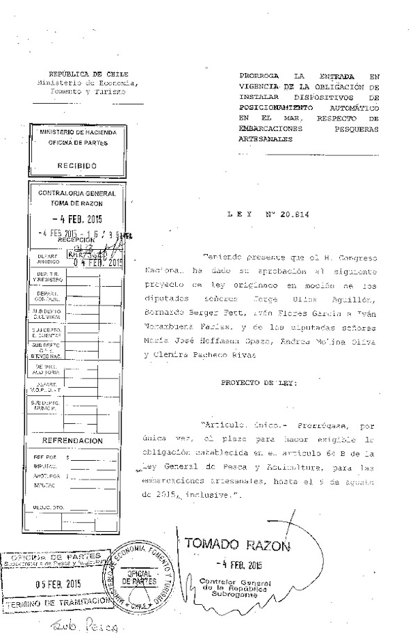 LEY 20.814 Prorroga la Entrada en Vigencia de la Obligación de Instalar Dispositivos de Posicionamiento Automático en el Mar, Respecto de Embarcaciones Pesqueras Artesanales. (Publicada en Diario Oficial 07-02-2015)