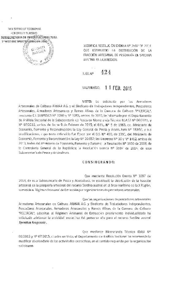 R EX N° 424-2015 Modifica R EX N° 3597-2014 Distribución de la Fracción Artesanal de Pesquería de Sardina Austral, X Región, año 2015. (Publicada en Diario Oficial 18-02-2015)