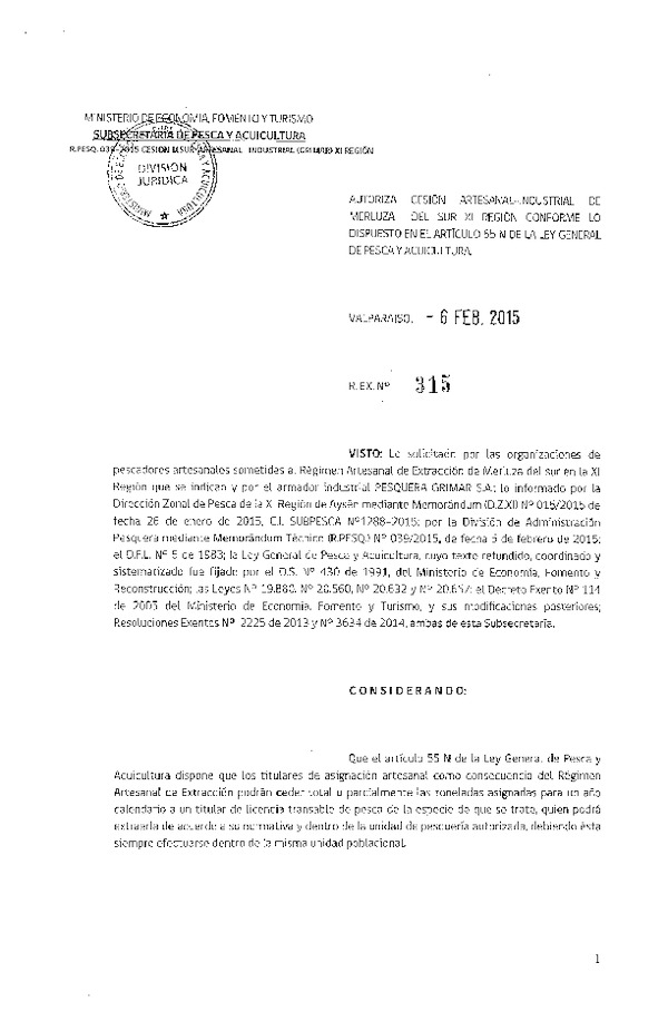 R EX N° 315-2015 Autoriza Cesión Merluza del sur XII Región.