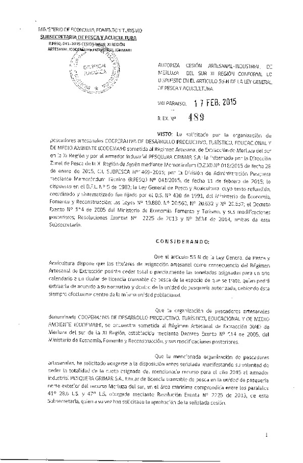 R EX N° 489-2015 Autoriza Cesión Merluza del Sur XI Región.