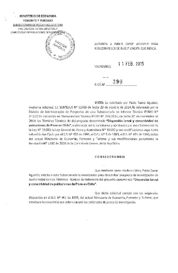 R EX N° 390-2015 Dispersión larval y conectividad de poblaciones de Piure en Chile.