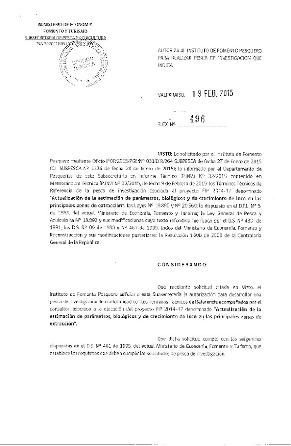 R EX N° 496-2015 Actualización de la estimación de parámetros biológicos y de crecimiento de loco en las principales zonas de extracción.