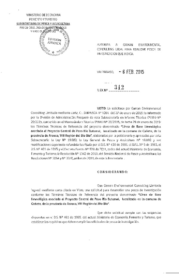 R EX N° 312-2015 Línea de base limnológica asociada al proyecto Central de Paso Río Butamal, VIII Región.