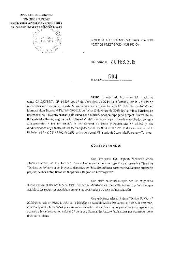 R EX N° 504-2015 Estudio de línea base marina, Spence Hipogene project, Bahía de Mejillones, II Región.