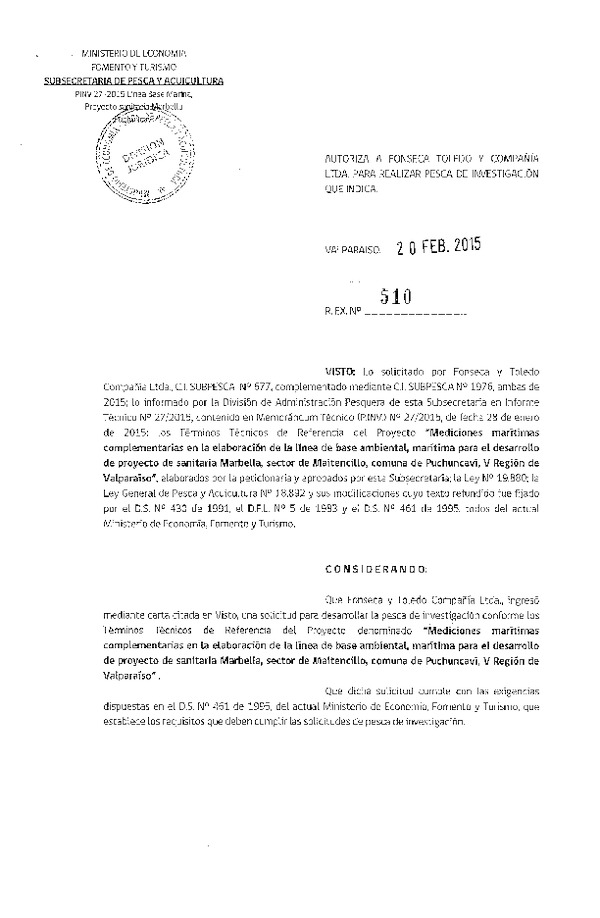 R EX N° 510-2015 Mediciones marítimas complementarias en la elaboración de la línea de base ambiental, comuna de Puchuncaví, V Región.