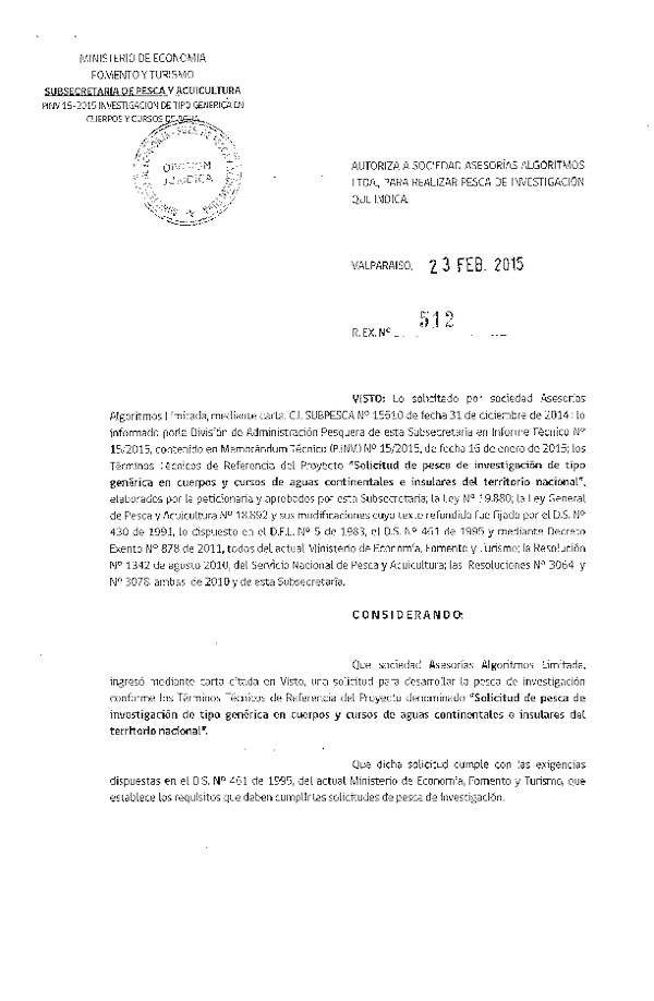 R EX N° 512-2015 Tipo genérica en cuerpos y cursos de aguas continentales e insulares del territorio nacional.