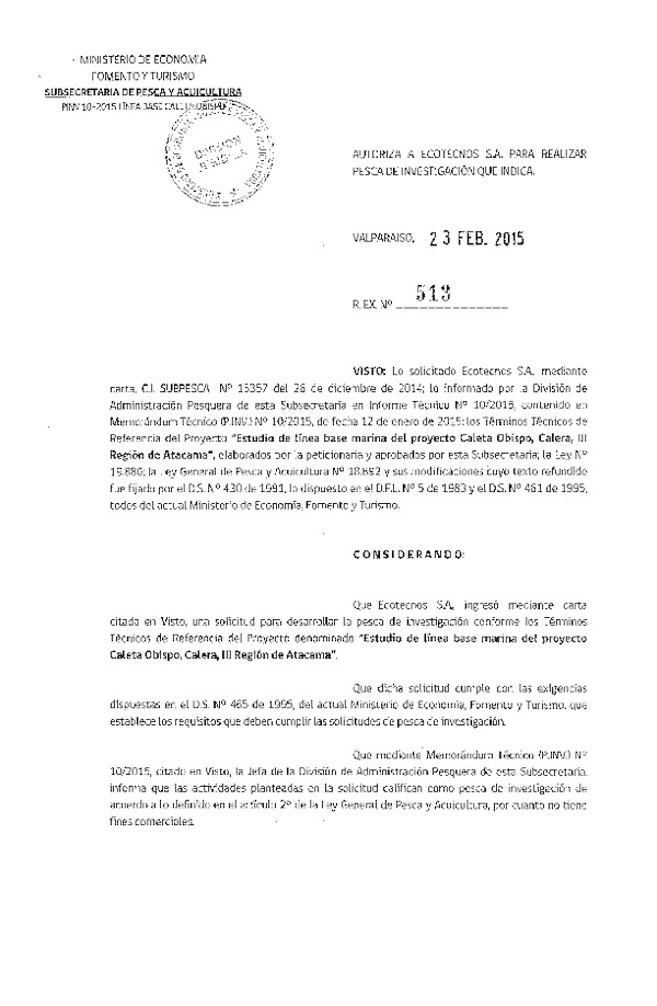 R EX N° 513-2015 Estudio de línea base marina del proyecto Caleta Obispo, Calera, III Región.