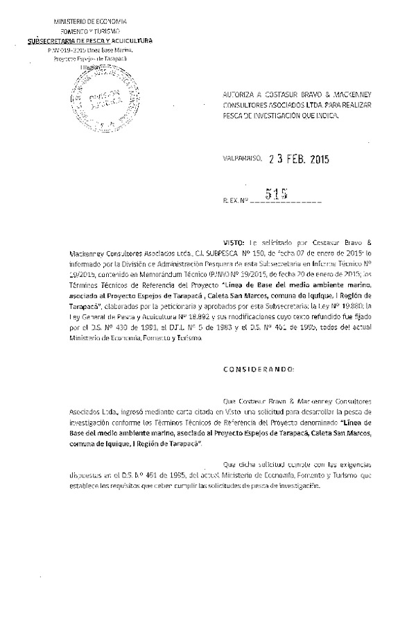 R EX N° 515-2015 Línea de base del medio ambiente marino, Caleta San Marcos, comuna de Iquique, I Región.