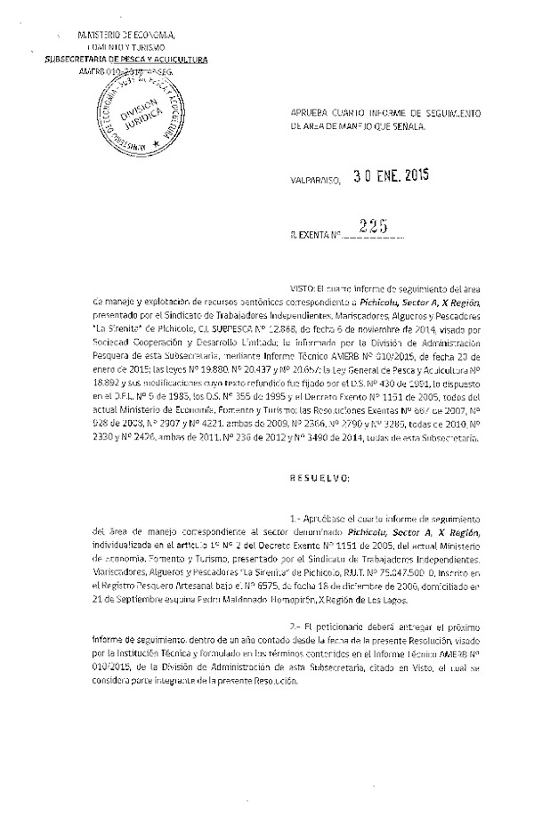 R EX N° 225-2015 4° SEGUIMIENTO.