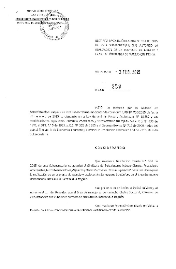 R EX N° 259-2015 RECTIFICA R EX N° 164-2015.