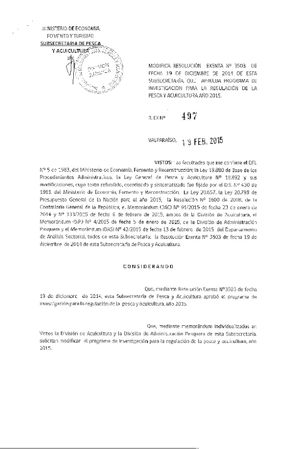 R EX N° 497-2015 Modifica R EX Nº 3503-2014 Aprueba Programa de Investigación para la Regulación de la Pesca y Acuicultura Año 2015.