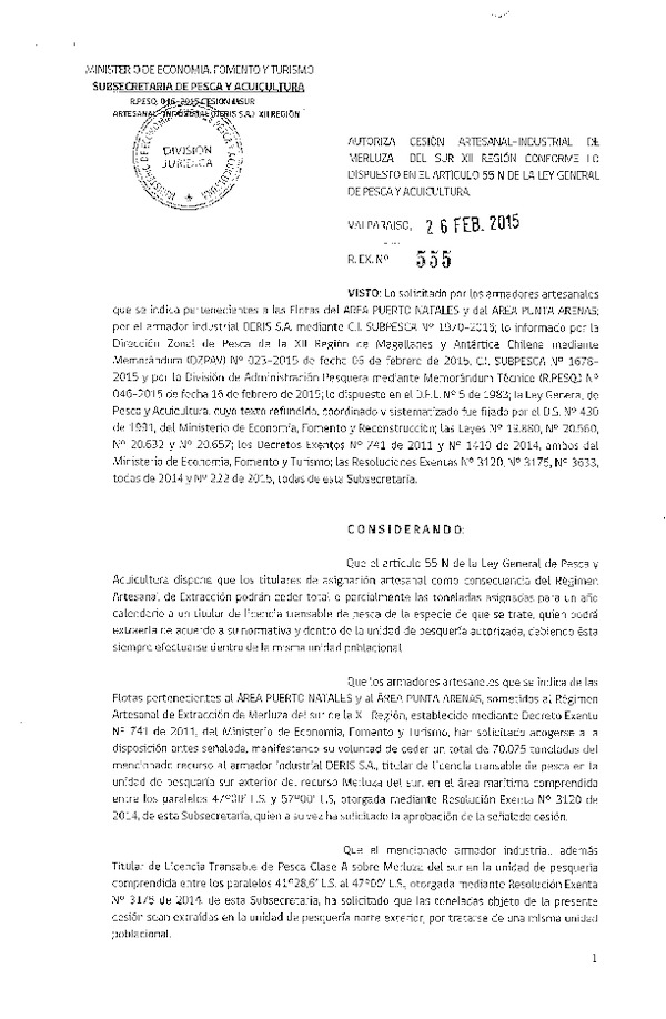 R EX N° 555-2015 Autoriza Cesión Merluza del sur XII Región.