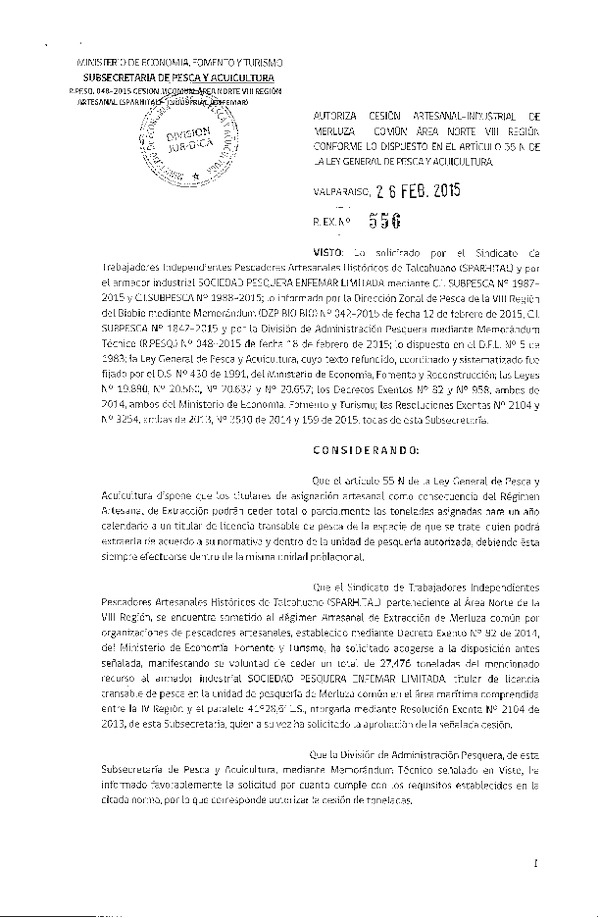 R EX N° 556-2015 Autoriza Cesión Merluza común Área Norte VIII Región.
