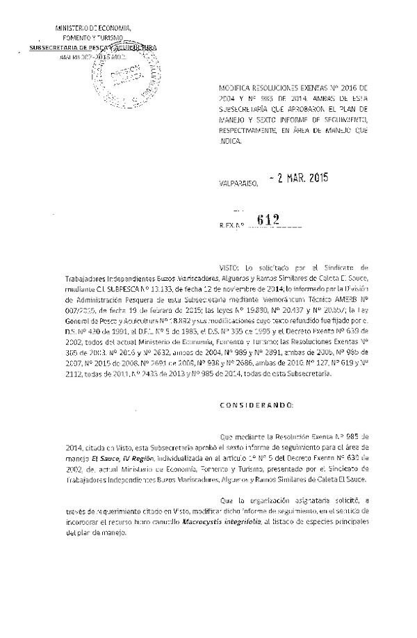 R EX N° 612-2015 MODIFICA R EX N° 2016-2004 Y N° 985-2014.