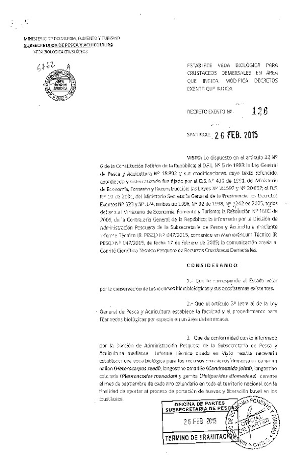 D EX N° 126-2015 Esatblece Veda Biológica para Crustáceos Demersales XV-XII Regiones. Modifca Decretos que Indica. (Publicado en Diario Oficial 04-03-2015)