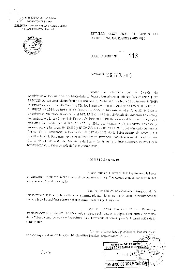 D EX N° 118-2015 Establece Cuota Anual de Captura del Recurso Erizo, X-XI Regiones. (Publicado en Diario Oficial 06-03-2015)