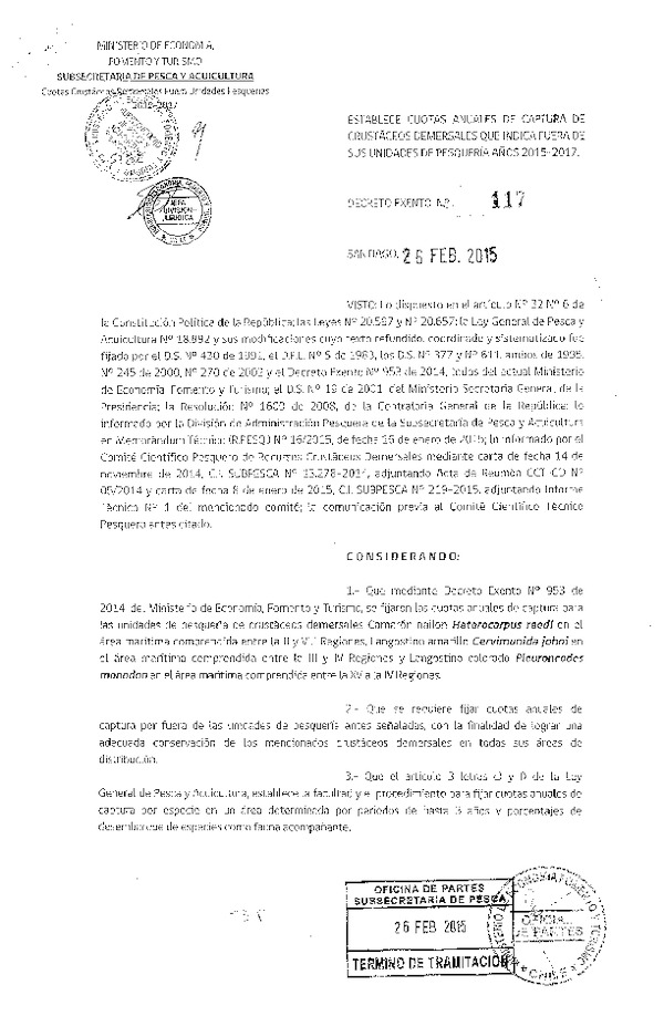 D EX N° 117-2015 Establece Cuotas Anuales de Captura de Crustáceos Demersales que Indica, Fuera de sus Unidades de Pesquerías, Años 2015-2017. (Publicado en Diario Oficial 06-03-2015)