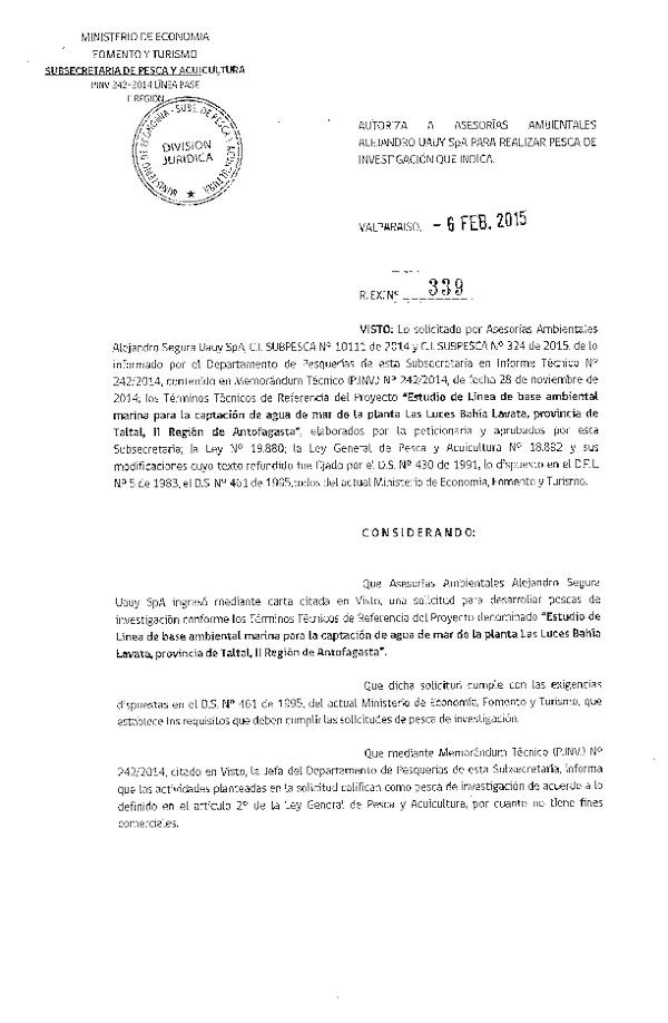 R EX N° 339-2015 Estudio de línea de base ambiental, provincia de Tatal, II Región.