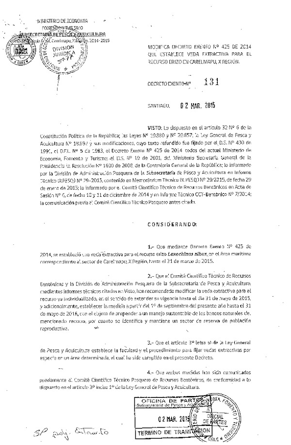 D EX N° 131-2015 Modifica D EX N° 425-2014 Establece Veda Extractiva para el recurso Erizo sector Carelmapu, X Región. (Publicado en Diario Oficial 09-03-2015)