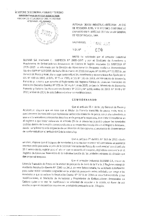 R EX N° 660-2015 Autoriza Cesión recurso Jurel, III Región.